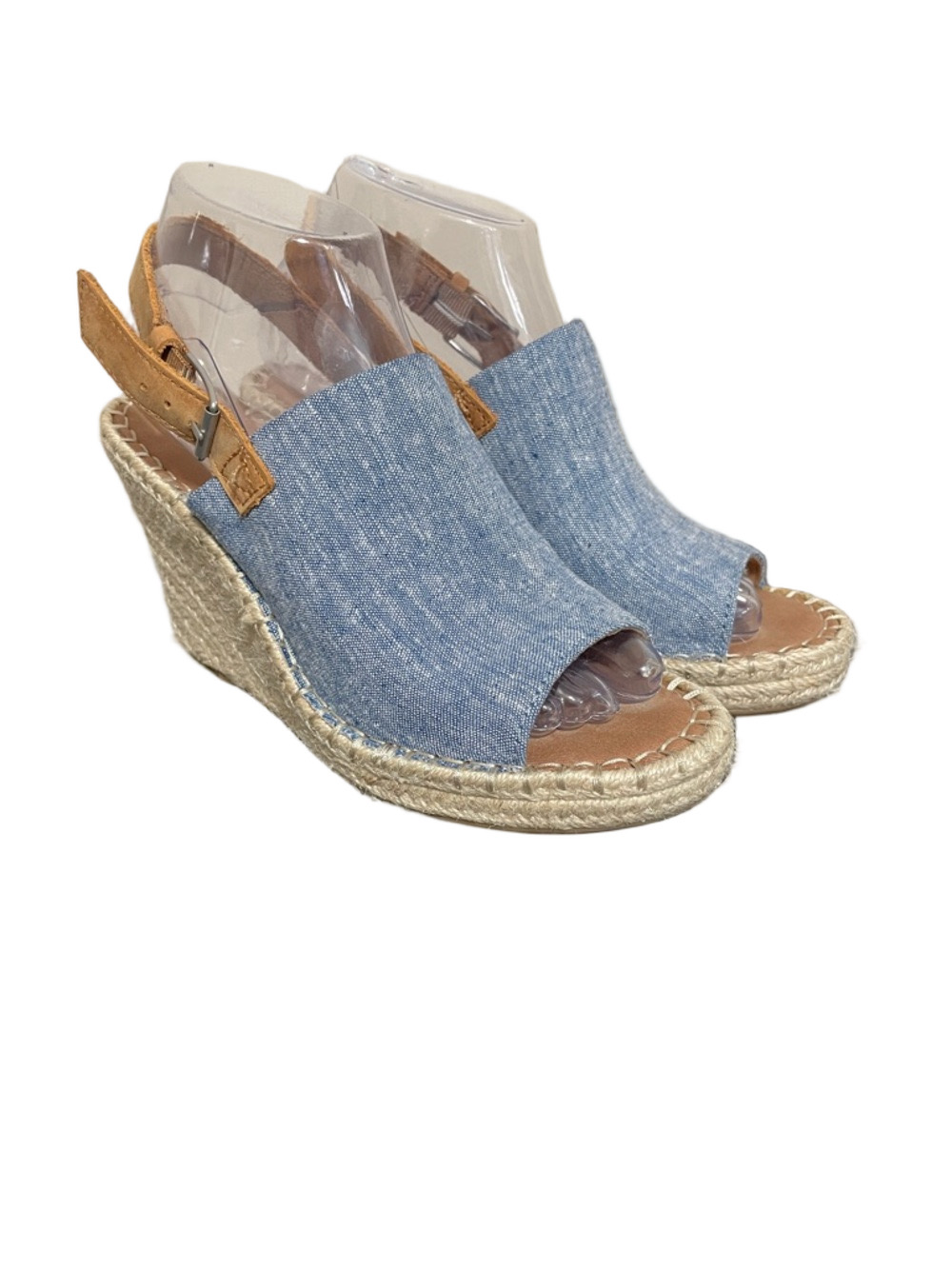 Toms Light Blue Denim Espadrille Wedge Sandals with Tan Straps
